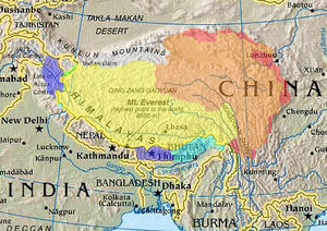 Cultural/historical Tibet (highlighted) depicted with various competing territorial claims.