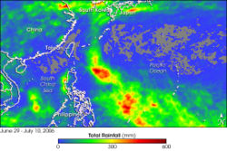 Total rainfall from June 29 through July 10 in the Western North Pacific. The areas with the most rainfall mark out Ewiniar's track. The moderate to isolated heavy rainfall near the top of the image is unrelated to Typhoon Ewiniar.