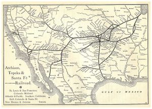 A map of "The Santa Fé Route" and  subsidiary lines as published in an 1881 issue of the Grain Dealers and Shippers Gazetteer.