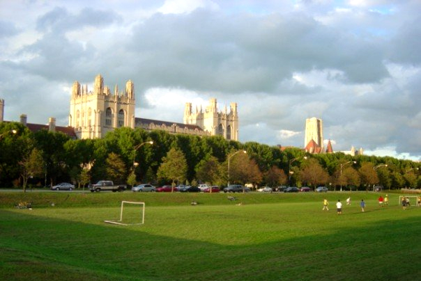 The Midway Plaisance, with several towers of the Main Quadrangle.