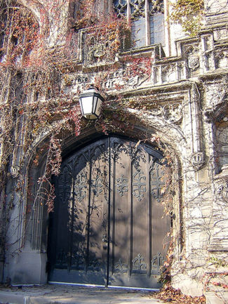 The entrance to Mandel Hall, a Victorian-style theater that acts as a concert and assembly venue for students.