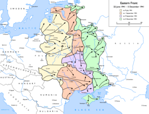 The eastern front at the time of the Battle of Moscow: ██ Initial Wehrmacht advance - to 9 July 1941 ██ Subsequent advances - to 1 September 1941 ██ Encirclement and battle of Kiev - to 9 September 1941 ██ Final Wehrmacht advance - to 5 December 1941 