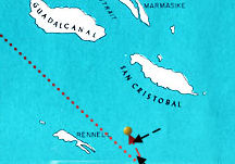 Japanese aerial attack (dotted red line) on Chicago (yellow dot) on the morning of January 30, 1943. Black arrows are U.S. carrier fighter aircraft.