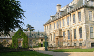 The west facade. Many of the windows are false (see plan below), and are so placed as to provide symmetry. The Baroque wrought-iron gate screen (possibly by John Warren) closes a courtyard between house and stables, thus creating the effect of a cour d'honneur to the house's west entrance (C on plan below).