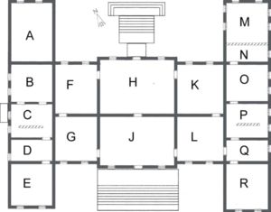 Belton House first floor plan. Key: A: Upper storey of kitchen, (now Hondecoeter Room); B: Service room (now Breakfast Room); C: Back stairs and West Entrance; D: Closet; E:School Room; F:Withdrawing room (now Red Drawing Room; G:Little Parlour (now Tapestry Room); H:Great Parlour (now Saloon); J: Marble Hall; K: Withdrawing Room (now Tyrconnel Room); L: Great Staircase; M: Upper storey of chapel; N: Gallery of private pew overlooking chapel; O: Ante Room (now Chapel Drawing Room);P: Back stairs & east Entrance; Q: Sweetmeat closet; R Bed chamber (now Blue Room). Please note: This is an unscaled plan for illustrative purposes only.