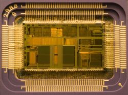 Die of an Intel 80486DX2 microprocessor (actual size: 12×6.75 mm) in its packaging