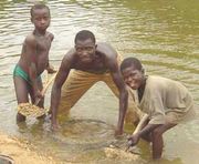 Alluvial mining by traditional methods continues, as seen here in Sierra Leone.