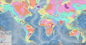 World geologic provinces  Oceanic crust ██ 0-20 Ma ██ 20-65 Ma ██ >65 Ma Geologic provinces ██ Shield ██ Platform ██ Orogen ██ Basin ██ Large igneous province ██ Extended crust 