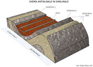 An illustrated depiction of a syncline and anticline commonly studied in Structural geology and Geomorphology.