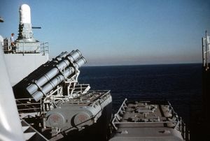 USS New Jersey displays the three weapons installed during the 1982 modernization: from upper left to lower right, the Phalanx CIWS anti-aircraft/anti-missile weapon, Harpoon anti-ship missile launchers, and Tomahawk land-attack missiles in their Armored Box Launchers.