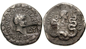 Coin depicting Mark Antony and his wife Octavia Minor, sister of Octavian.