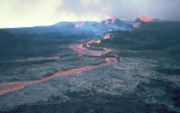 Lava fountains feed an aa lava flow in March 1984.