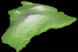 Diagram showing an oblique view of the Big Island.  Mauna Loa is the largest peak in the center; Kilauea's crater can be seen below and to the right.