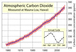 Atmospheric CO2 concentrations measured at the Mauna Loa Observatory.