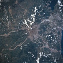 Thick ash deposits from Pinatubo are evident in this 1992 photo from the Space Shuttle Atlantis