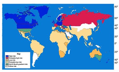 World map showing that risk for MS increases with greater distance from the equator