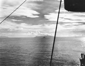 Ironbottom Sound.  The majority of the warship surface battle of November 13 took place in the area between Savo Island (center) and Guadalcanal (left).