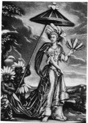 Anne Bracegirdle appearing in John Dryden's The Indian Queen in a headdress of feathers purportedly given by Aphra Behn to Thomas Killigrew. Scholars speculate that Behn had this headdress from her time in Surinam.