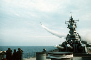 Wisconsin launches a BGM-109 Tomahawk missile against a target in Iraq during Operation Desert Storm.