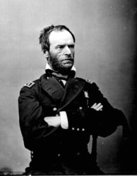 Maj. Gen. William T. Sherman, USA, in May 1865. The black ribbon around his left arm is a sign of mourning over President Lincoln's death. Portrait by Mathew Brady.