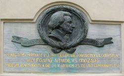 Memorial plaque dedicated to Wolfgang Amadeus Mozart in Václavské náměstí square in Olomouc (Czech Republic). Mozart in 1767 as an 11-year-old boy was fleeing from Vienna due to a smallpox epidemic and wrote his Sixth Symphony in F Major in Olomouc