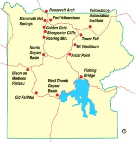 Orientation map of Yellowstone National Park showing many of the major tourist attractions.