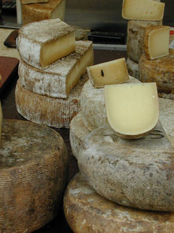 Cheese selection on market stand in Basel, Switzerland.