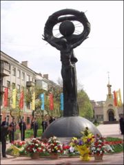 A monument to victims of Chernobyl disaster in Luhansk, Ukraine