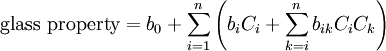 \mbox{glass property} = b_0 + \sum_{i=1}^n \left( b_iC_i + \sum_{k=i}^n b_{ik}C_iC_k \right)