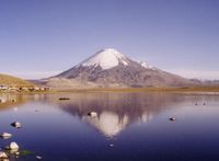 Lake Chungará and Parinacota volcano in the north