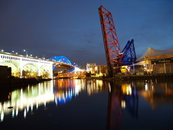 The west bank of the Flats and the Cuyahoga River in downtown Cleveland.