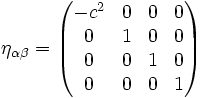 \eta_{\alpha\beta} = \begin{pmatrix} -c^2 & 0 & 0 & 0\\ 0 & 1 & 0 & 0\\ 0 & 0 & 1 & 0\\ 0 & 0 & 0 & 1 \end{pmatrix}