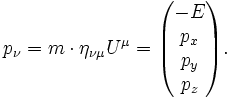 p_\nu = m \cdot \eta_{\nu\mu} U^\mu =  \begin{pmatrix} -E \\ p_x\\ p_y\\ p_z\end{pmatrix}.