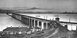 The original Tay Bridge (from the south) the day after the disaster. The collapsed section can be seen near the northern end