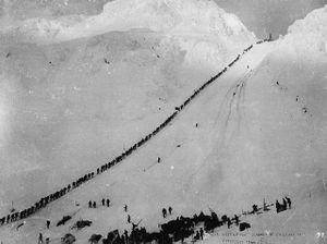 Miners and prospectors climb the Chilkoot Trail during the Klondike Gold Rush.