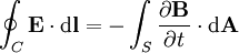 \oint_C \mathbf{E} \cdot \mathrm{d}\mathbf{l}  = -  \int_S \frac{\partial\mathbf{B}}{\partial t} \cdot \mathrm{d} \mathbf{A}