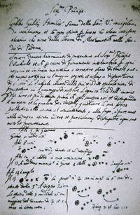 It was on this page that Galileo first noted an observation of the moons of Jupiter. This observation upset the notion that all celestial bodies must revolve around the Earth. Galileo published a full description in Sidereus Nuncius in March 1610.