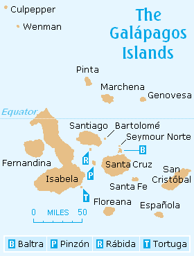 Map of the Galápagos archipelago showing the names of the islands.