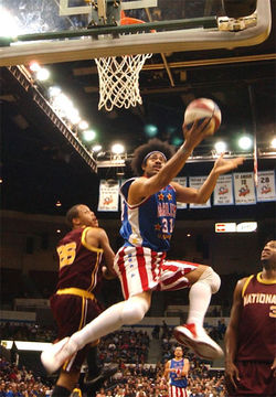 Eugene "Killer" Edgerson of the Harlem Globetrotters goes up for a layup