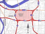 The city's tallest buildings and characteristic skyline is roughly contained inside the downtown freeway loop (shaded in red).  Downtown Kansas City itself is established by city ordinance to stretch from the Missouri River south to 31st Street (beyond the bottom of this map), and from I-35 to Bruce R. Watkins