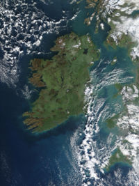 A true colour image of Ireland, captured by a NASA satellite on 4 January 2003. Scotland, the Isle of Man, Wales and part of Cornwall are visible to the east.
