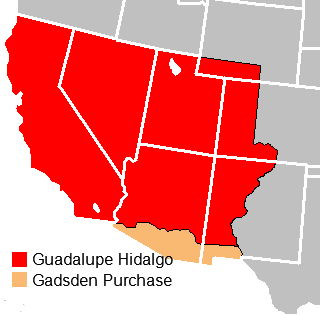 The Mexican Cession (in red), acquired through the Treaty of Guadalupe Hidalgo. The Gadsden Purchase (in yellow) acquired through purchase.