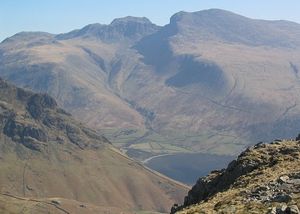 The impressive bulk of the Scafell massif, the highest ground in England, seen over the Wastwater valley.