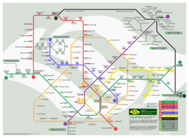 An artist's representation of the possible MRT network after a series scheduled extensions, expected to occur by 2020, in addition to the current three lines. The routes and stations for the future lines are speculative and actual stations and routes are subjected to study by the Land Transport Authority.