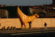 SuperLambBanana, a well-known  sculpture in the Albert Dock area, recently relocated