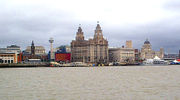 Liverpool's skyline, as seen from the River Mersey. The Liver Building is central. (Closeup view)