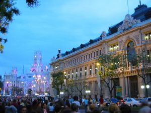 Bank of Spain building (foreground) and Palacio de Comunicaciones building (background) at the center of Madrid