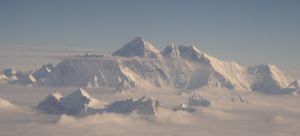 Aerial view of Mount Everest, behind Lhotse, from the south.