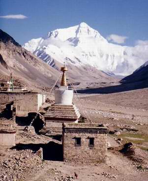 Mount Everest as seen from the Rongbuk Monastery.