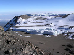 The rapidly retreating Furtwängler Glacier is near the summit.